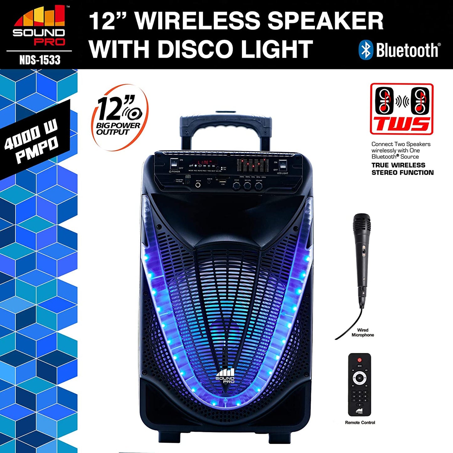 Electronics NDS-1233 12-Inch Bluetooth Portable Party System with Disco Light