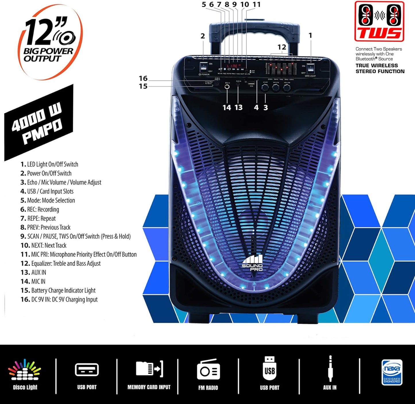 Electronics NDS-1233 12-Inch Bluetooth Portable Party System with Disco Light