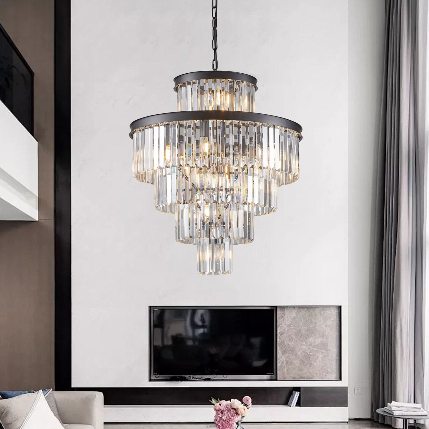 24' Luxury Crystal Chandelier with Black Finish – Elegant 15-Light 5