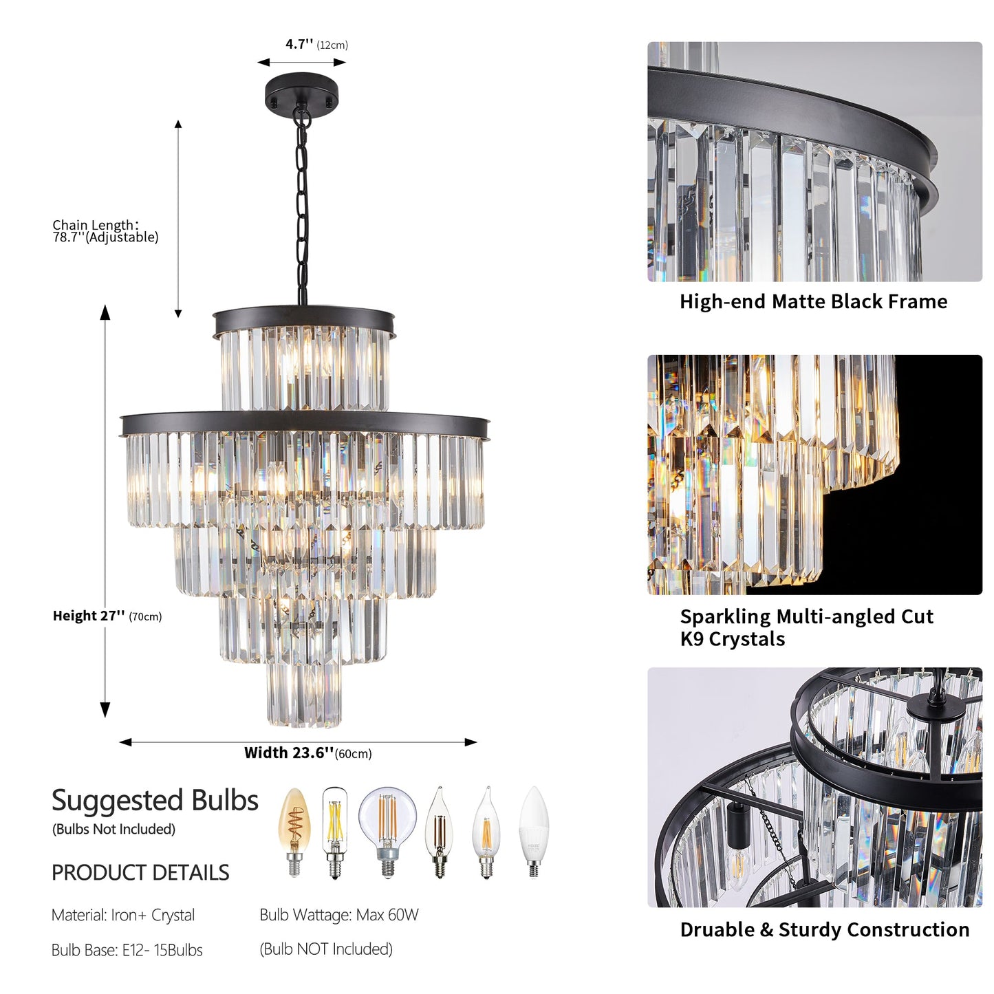 24' Luxury Crystal Chandelier with Black Finish – Elegant 15-Light 5